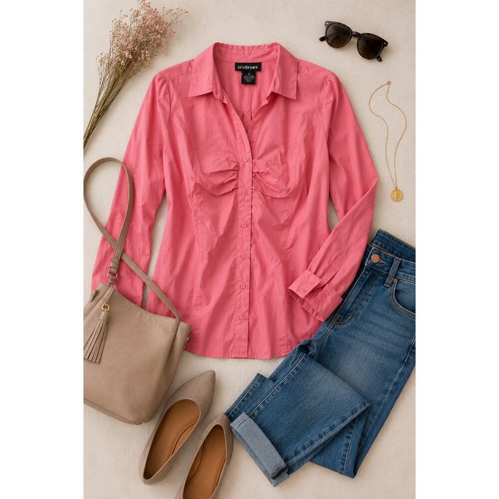 Lane Bryant Pink Button Front Career Blouse18 NWT Stretch Cotton Office Workwear